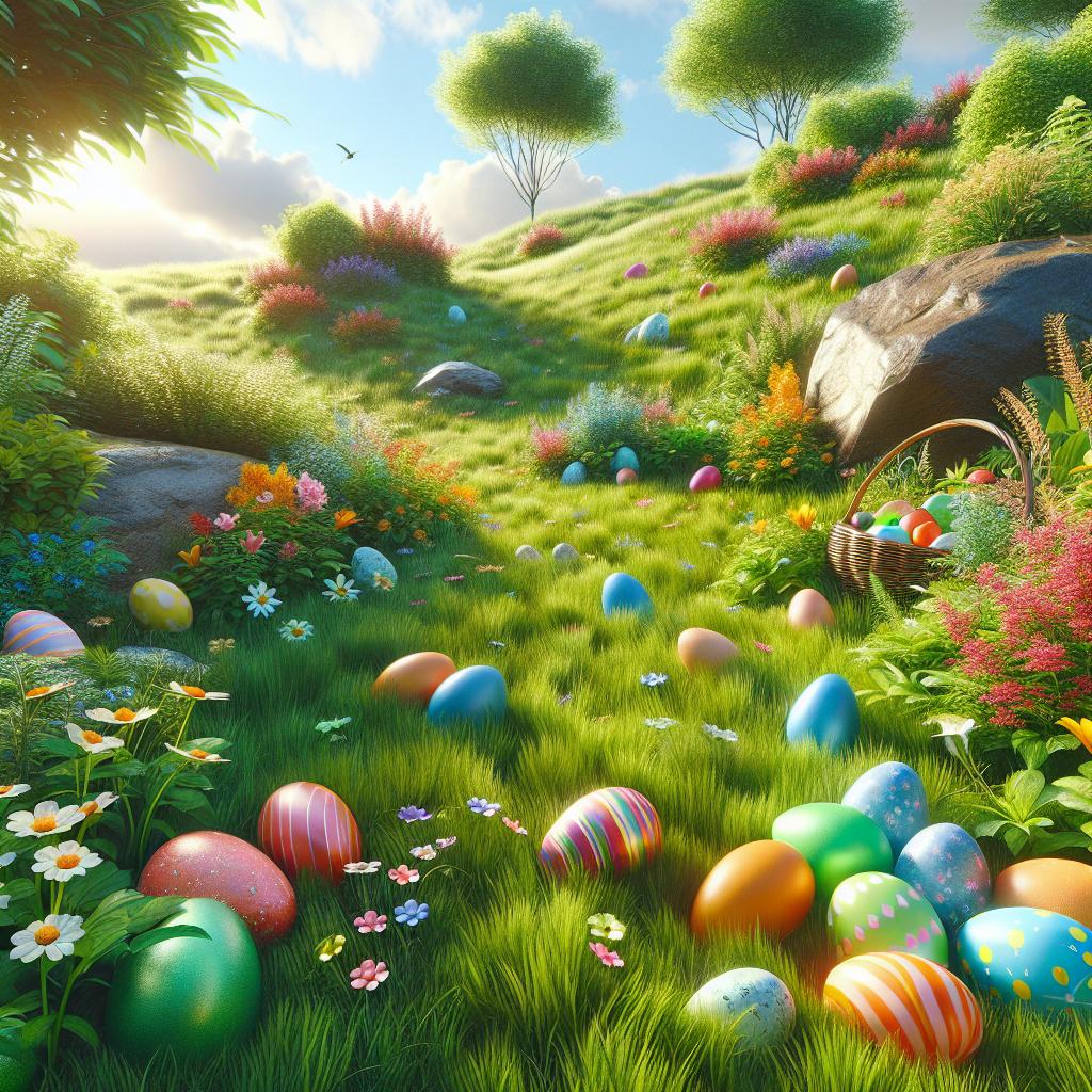 Colorful egg hunt setting.