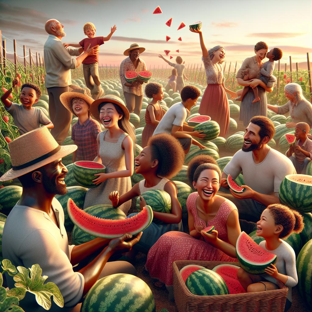 Family watermelon harvest celebration.