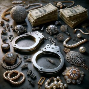 Handcuffs and stolen items.