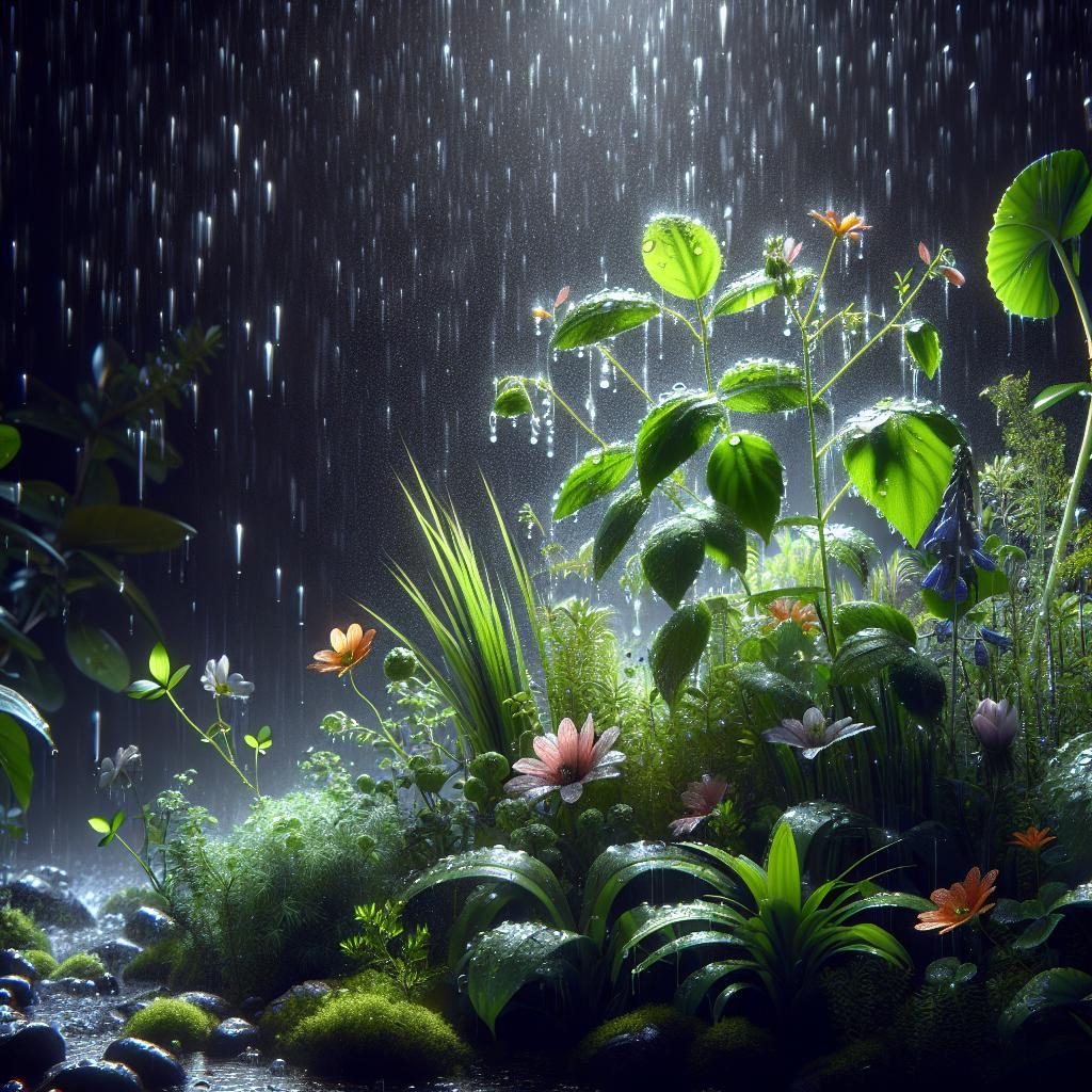 Plants thriving in rainstorm.