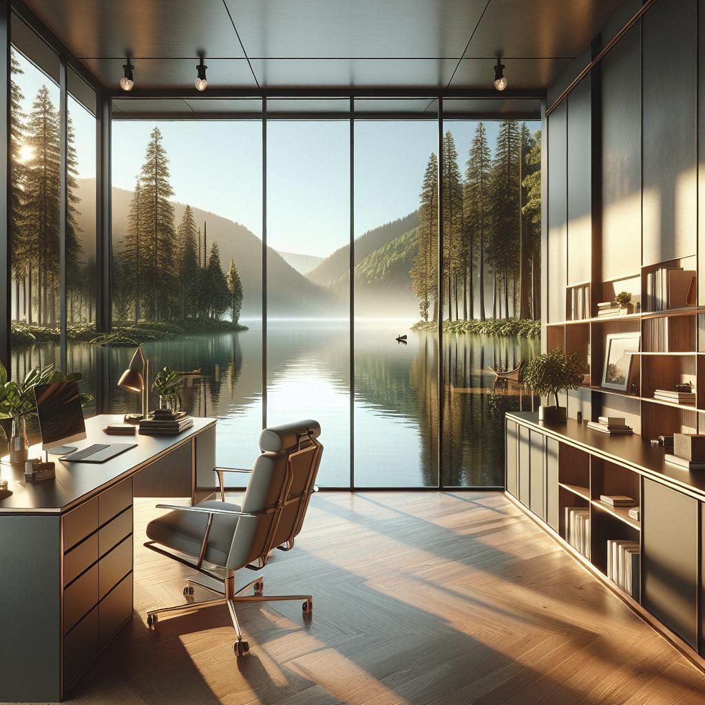 Luxurious lakeside office setting.