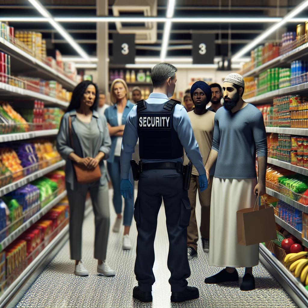 Supermarket theft apprehension scene.