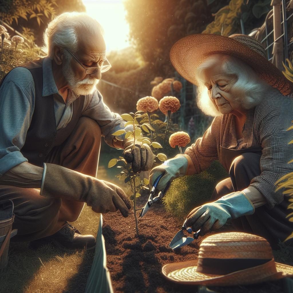 Elderly couple gardening together.