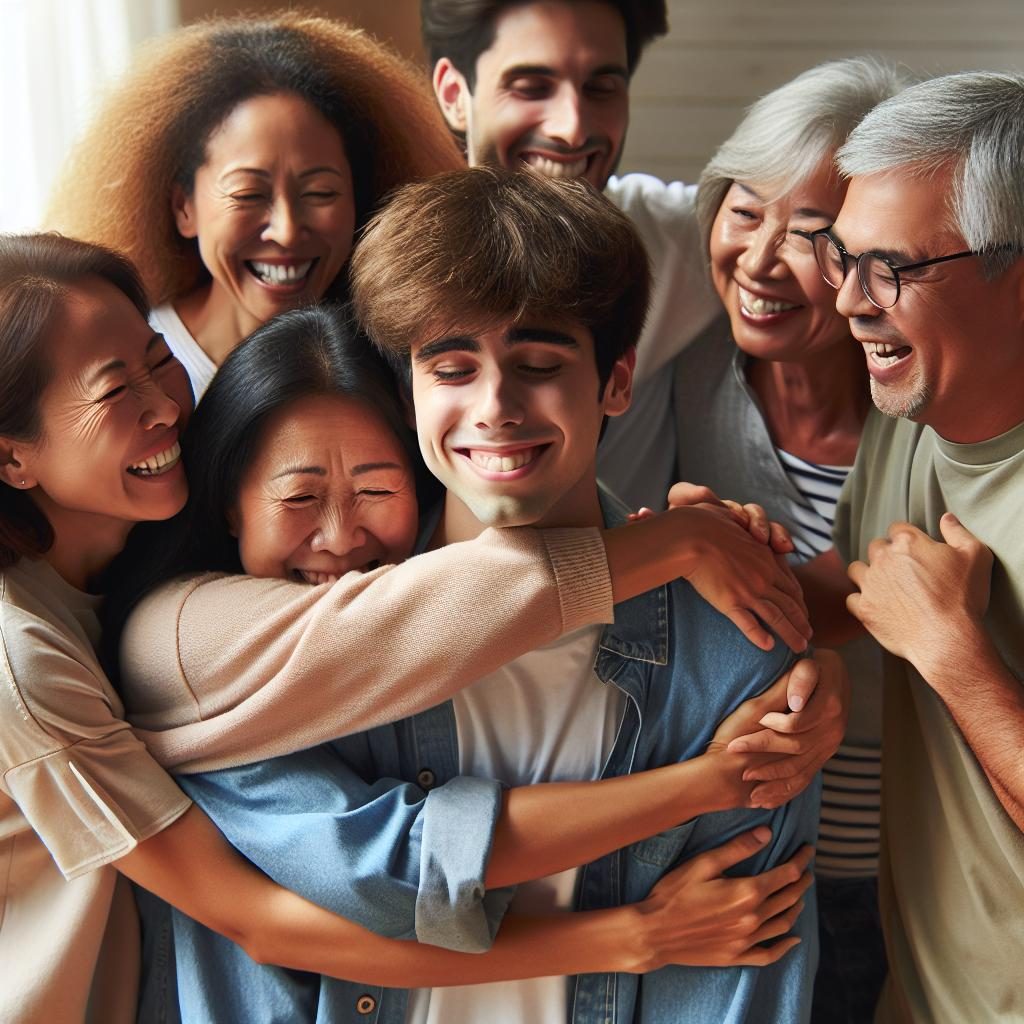 Family embracing found teen.