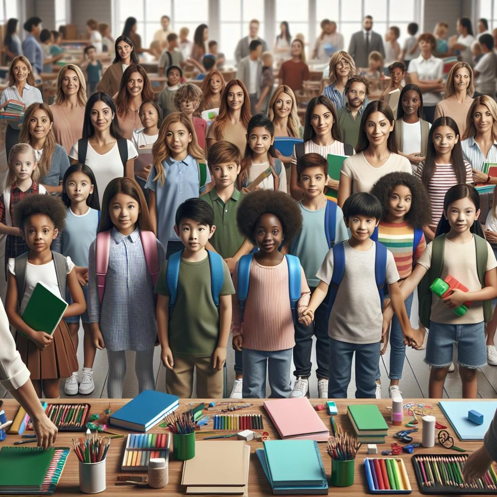 Kids receiving school supplies.