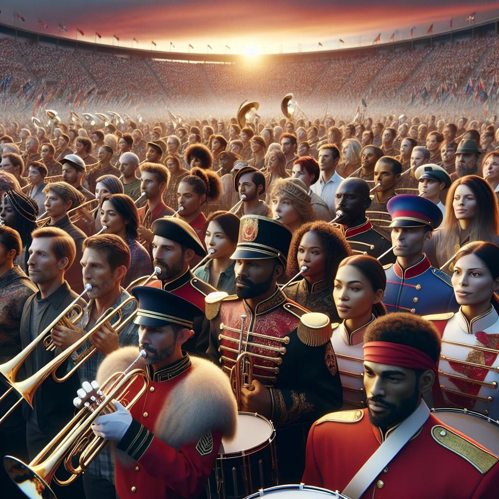 Marching band in stadium.