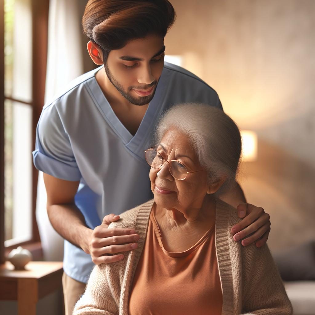 Elderly person with caregiver.