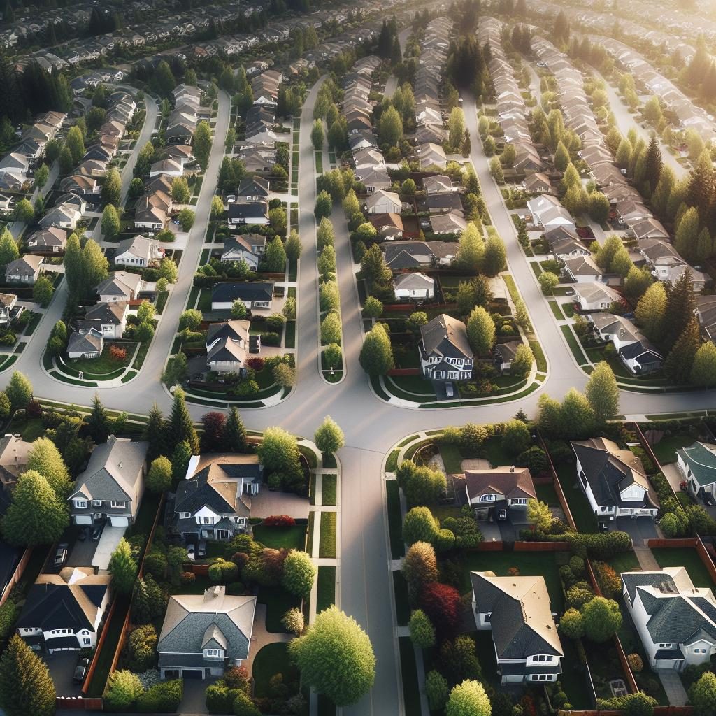 Suburban neighborhood aerial view.