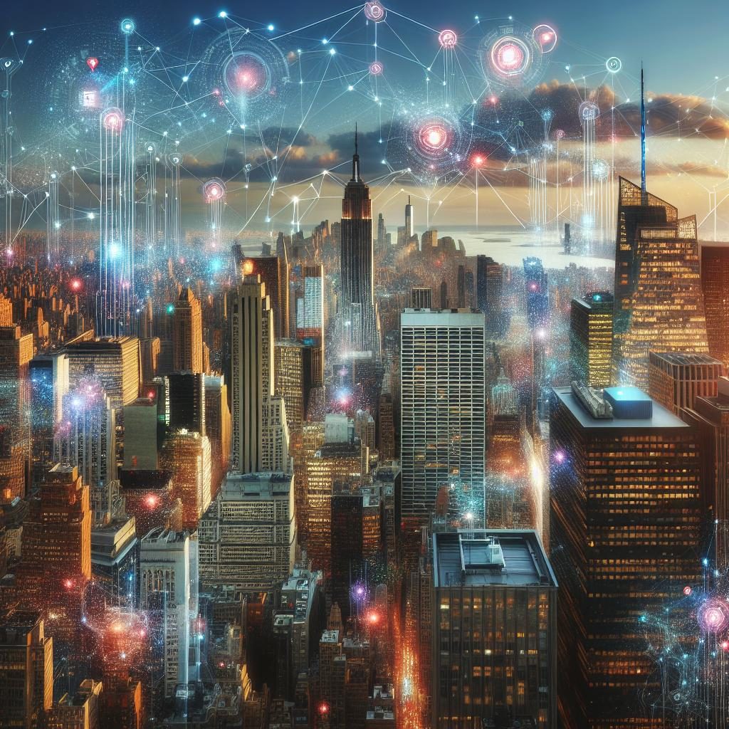 "NYC skyline, digital connections"