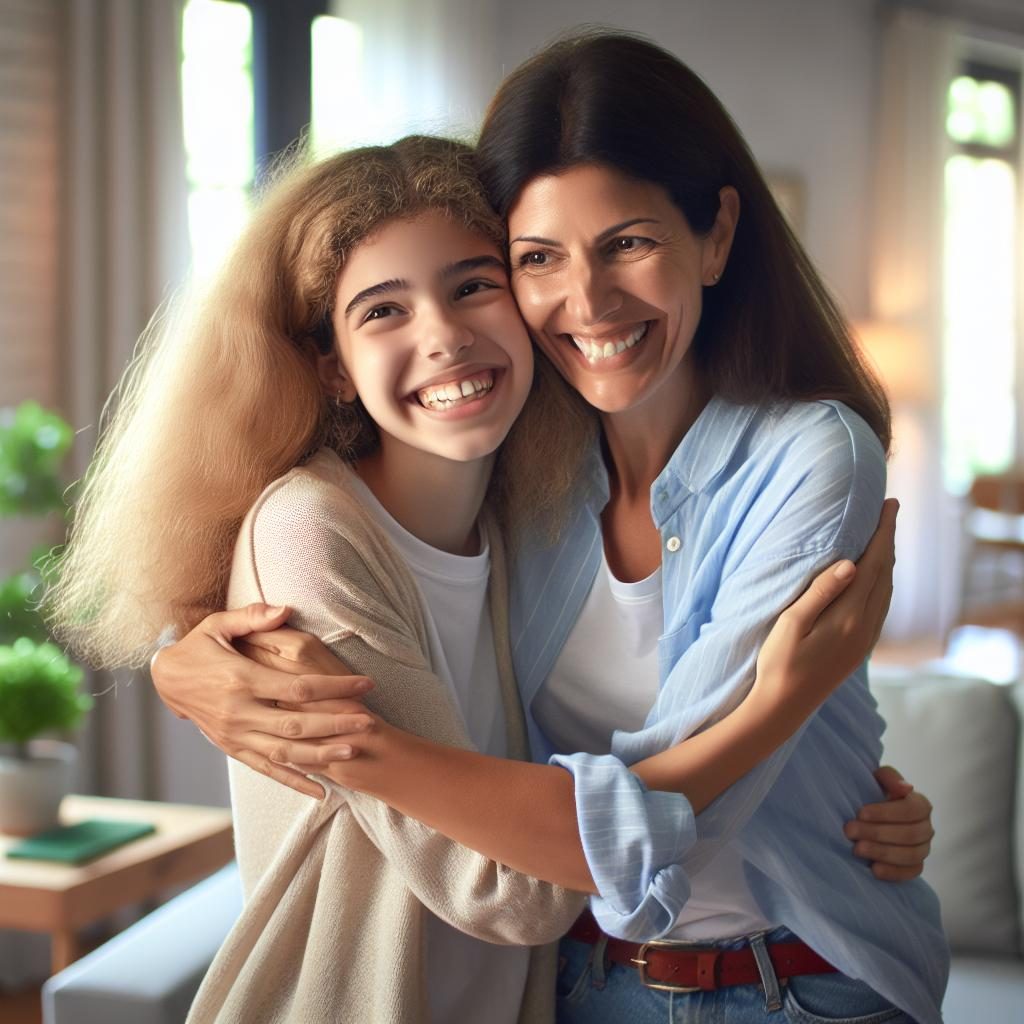 Mother embracing relieved teen.