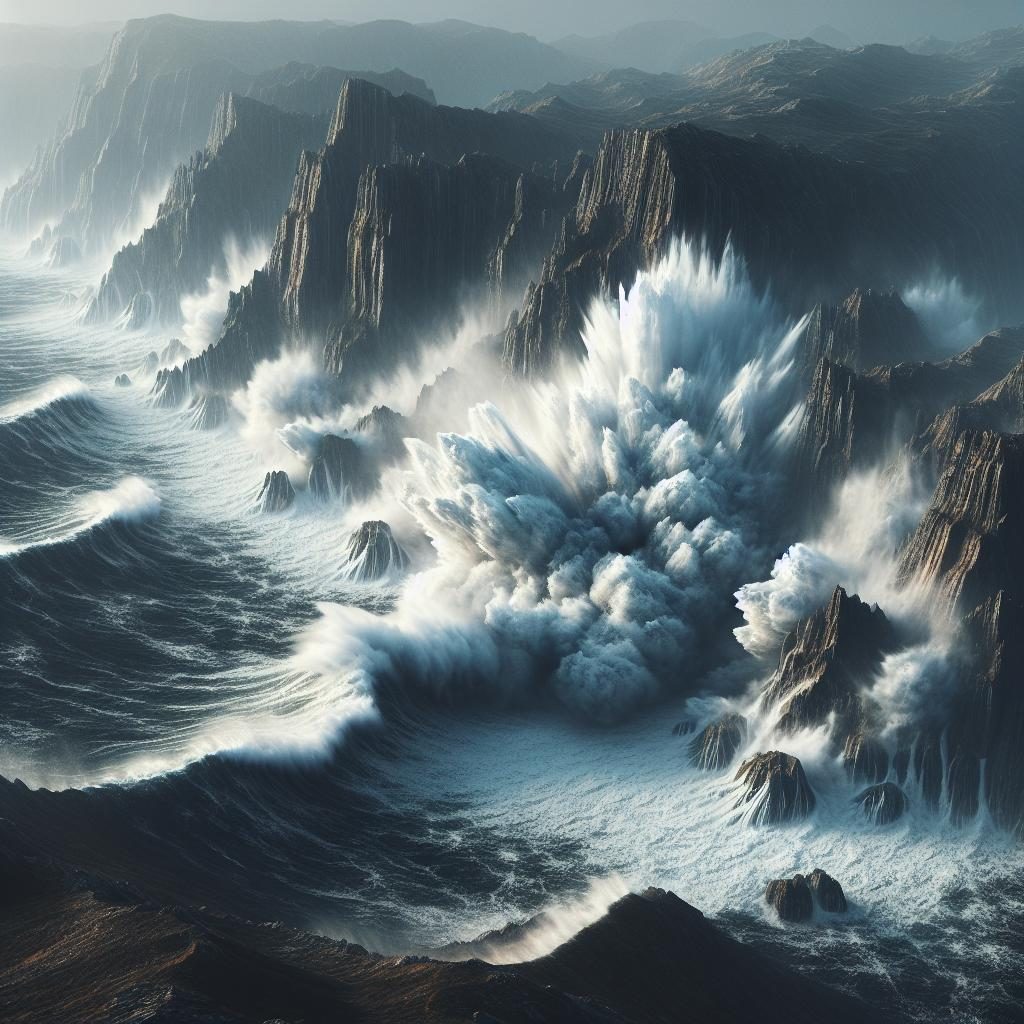 Raging waves destroy coastline.