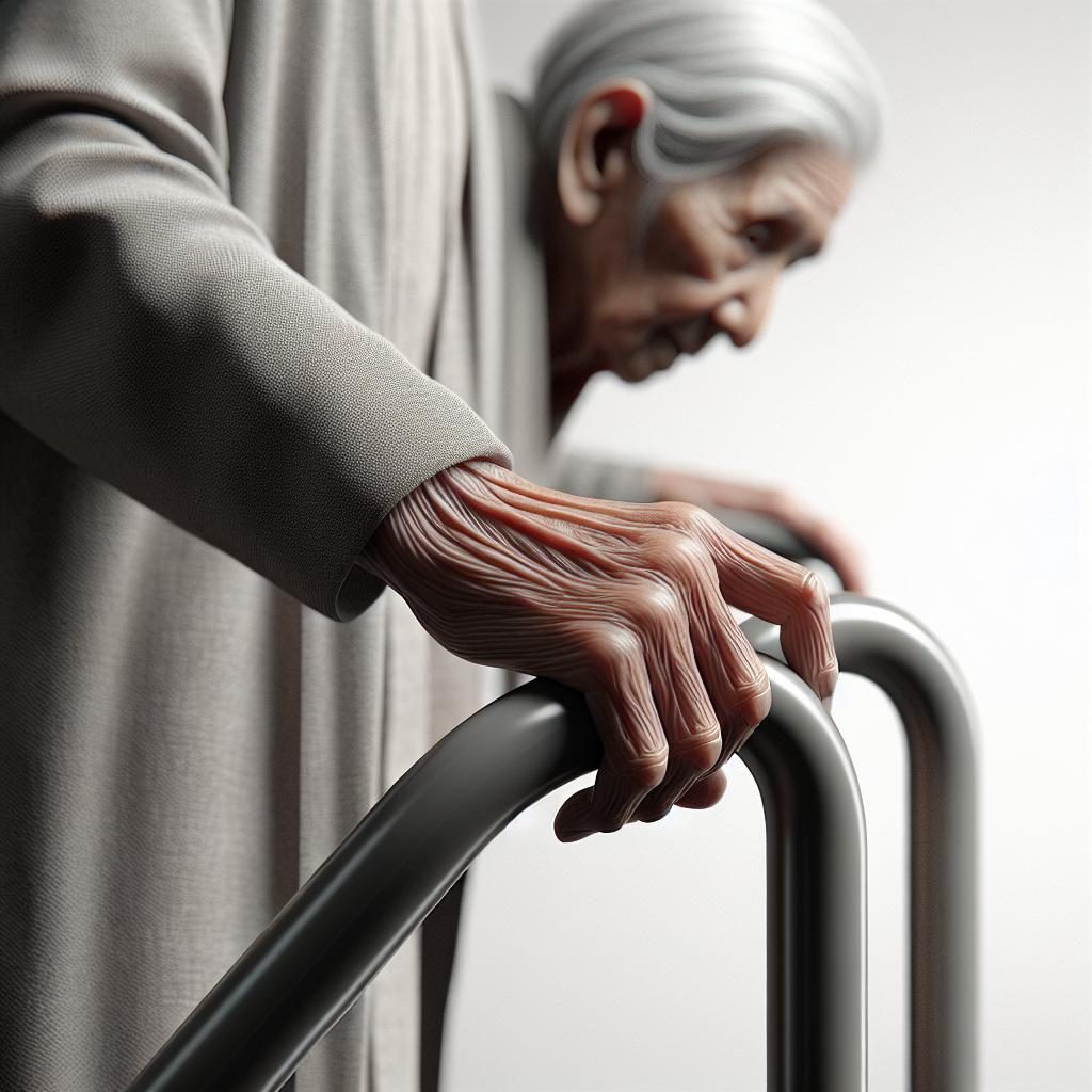 Elderly person using handrail.