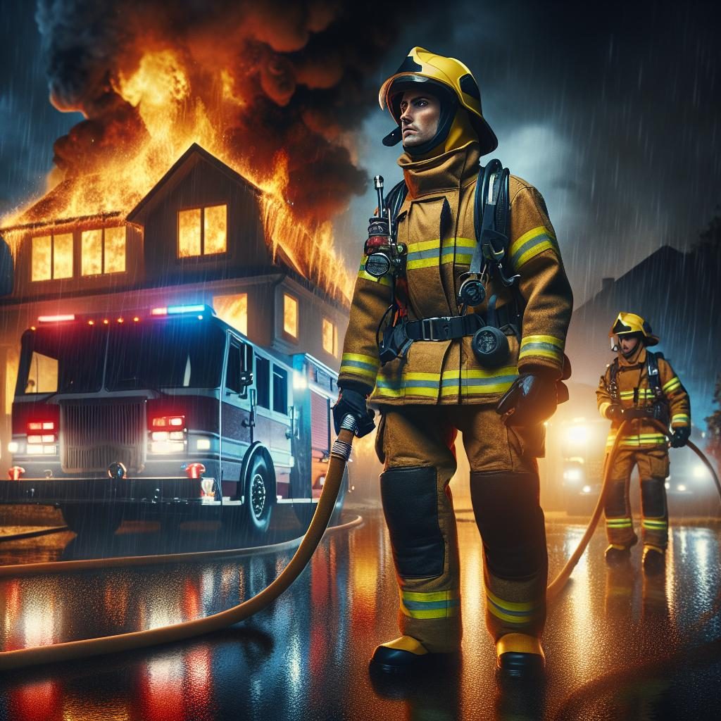 Firefighter at burning house.