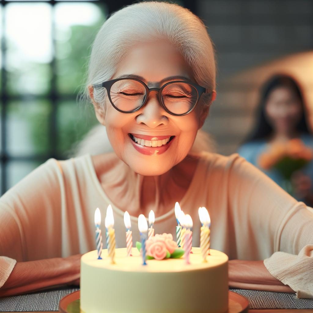 Elderly woman blowing candles.