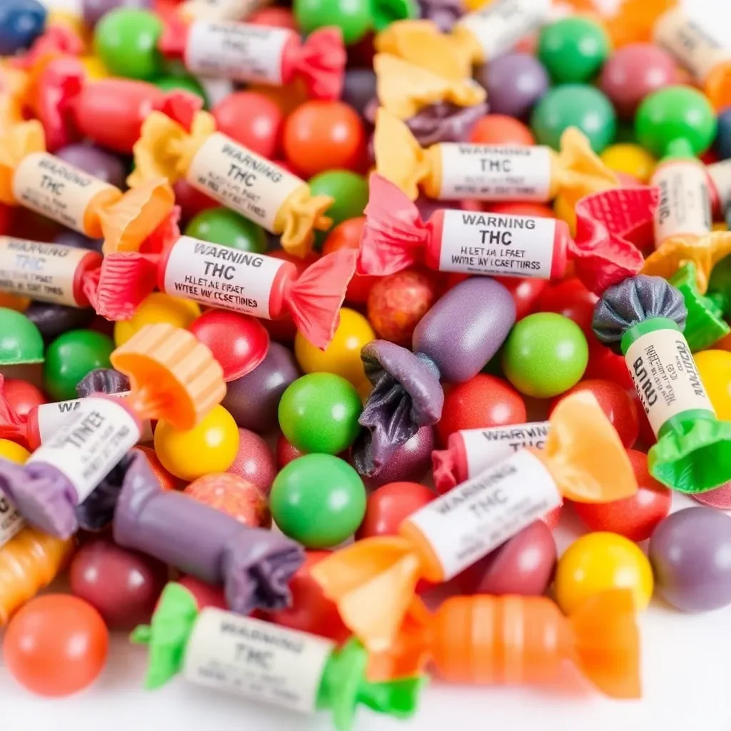 Colorful candy assortment with THC warning labels.