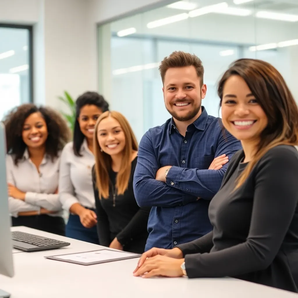 Positive workplace environment with happy diverse office staff.