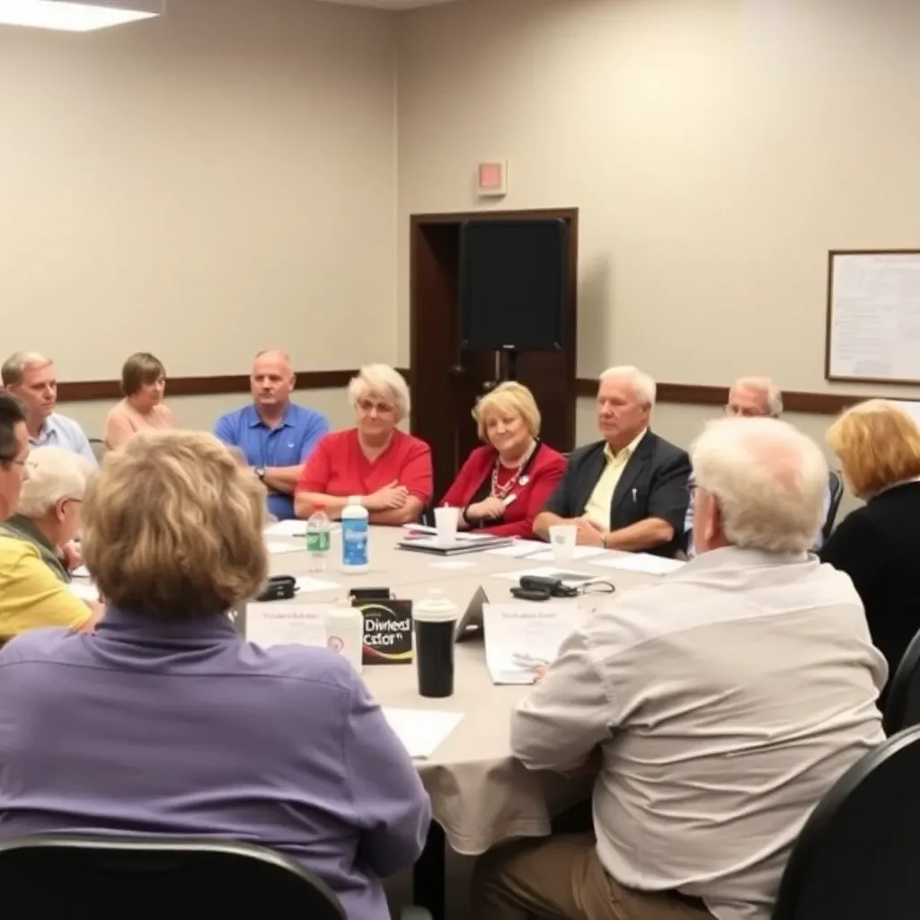 Community meeting with citizens discussing bond proposal concerns.