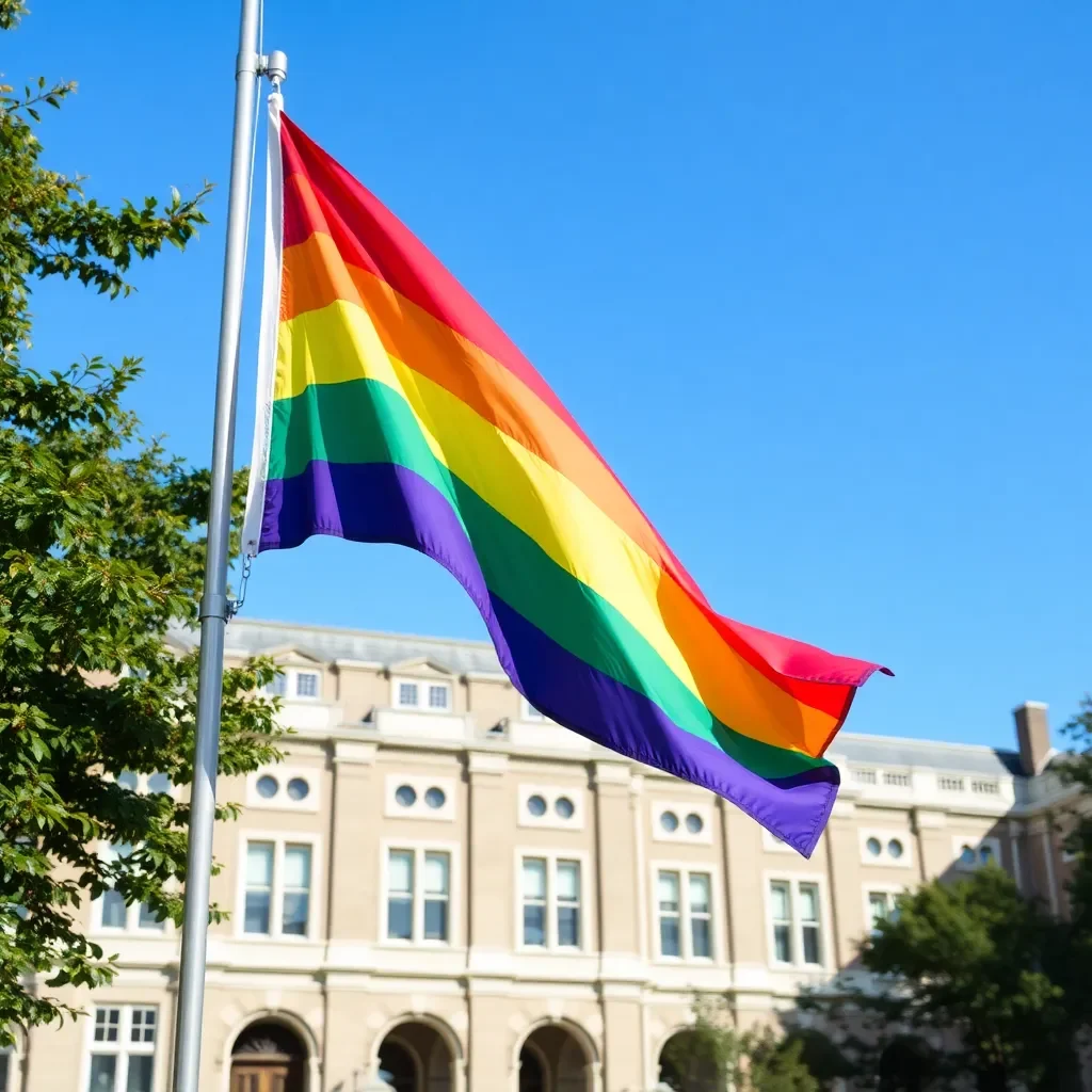 A rainbow flag half-mast in front of a university.