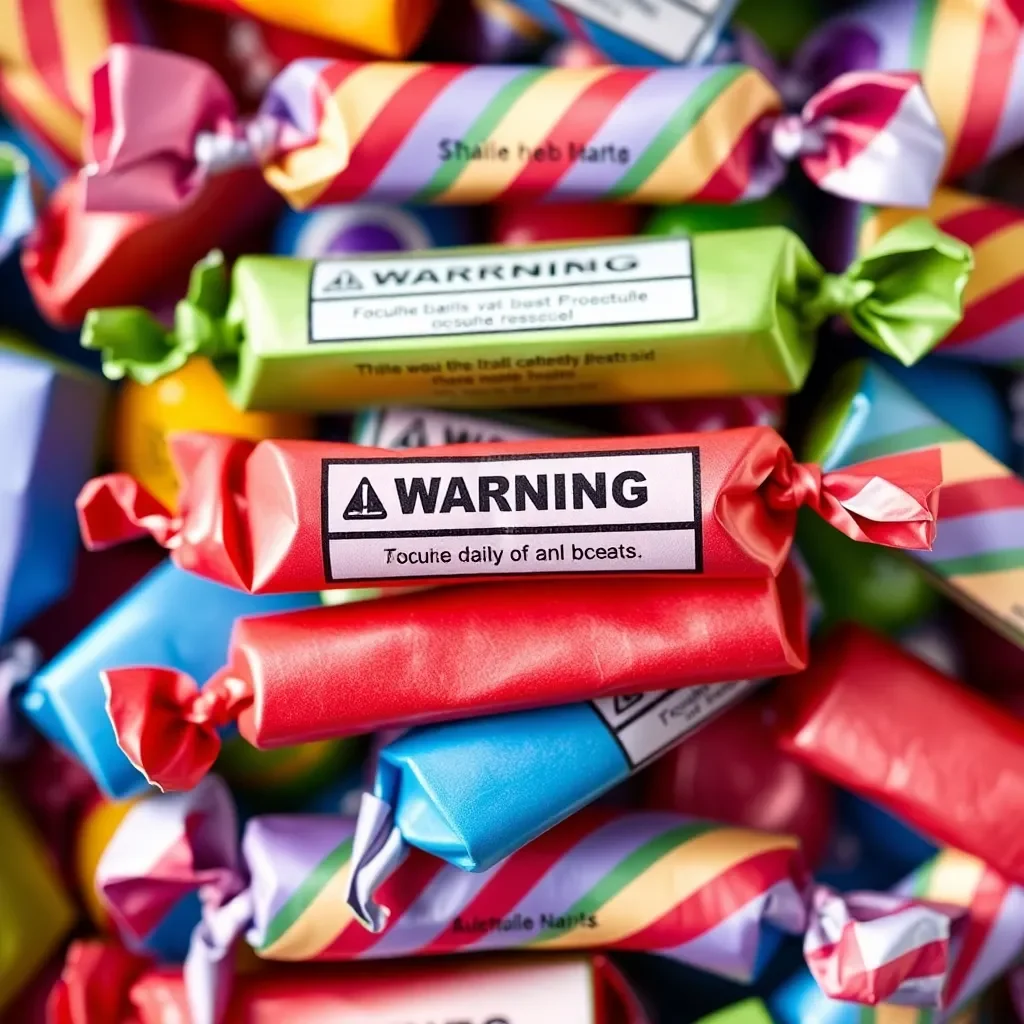 Colorful candy wrappers with a warning label.