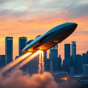 Futuristic spacecraft launching against a vibrant Houston skyline.