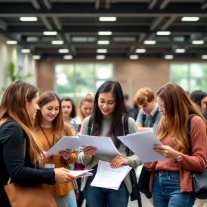 Diverse students reviewing resumes in a campus setting.