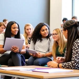 Diverse students discussing academic freedom in a university setting.