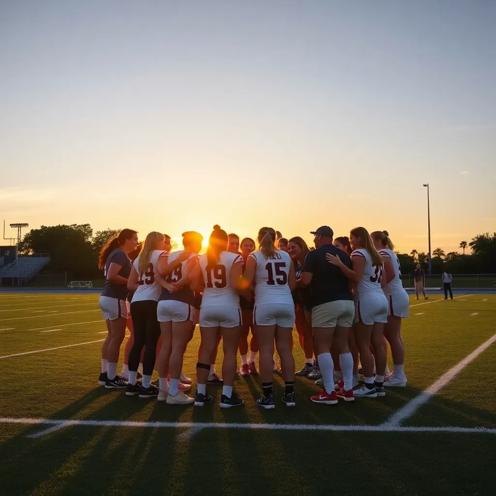 Celebratory team huddle on a football field at sunset.