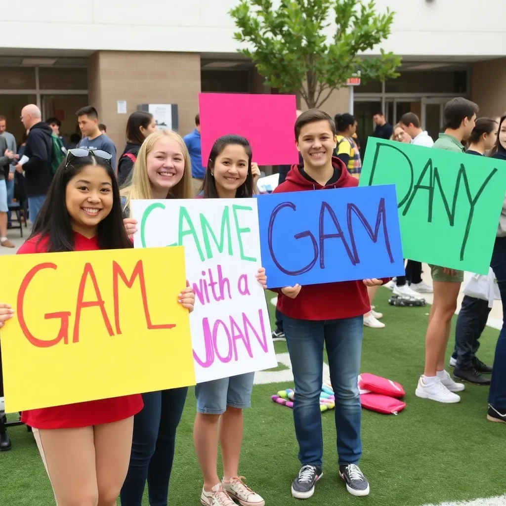 Excited students preparing colorful signs for a game day.