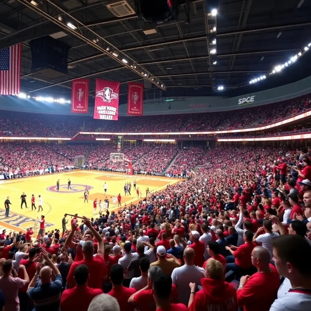 Vibrant college sports arena with cheering fans and banners.