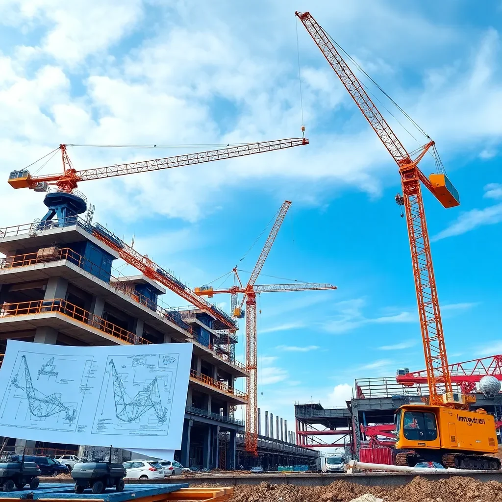 Construction site with cranes and blueprints for innovation.