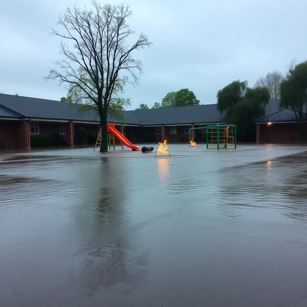 School playground submerged in water during heavy rain.