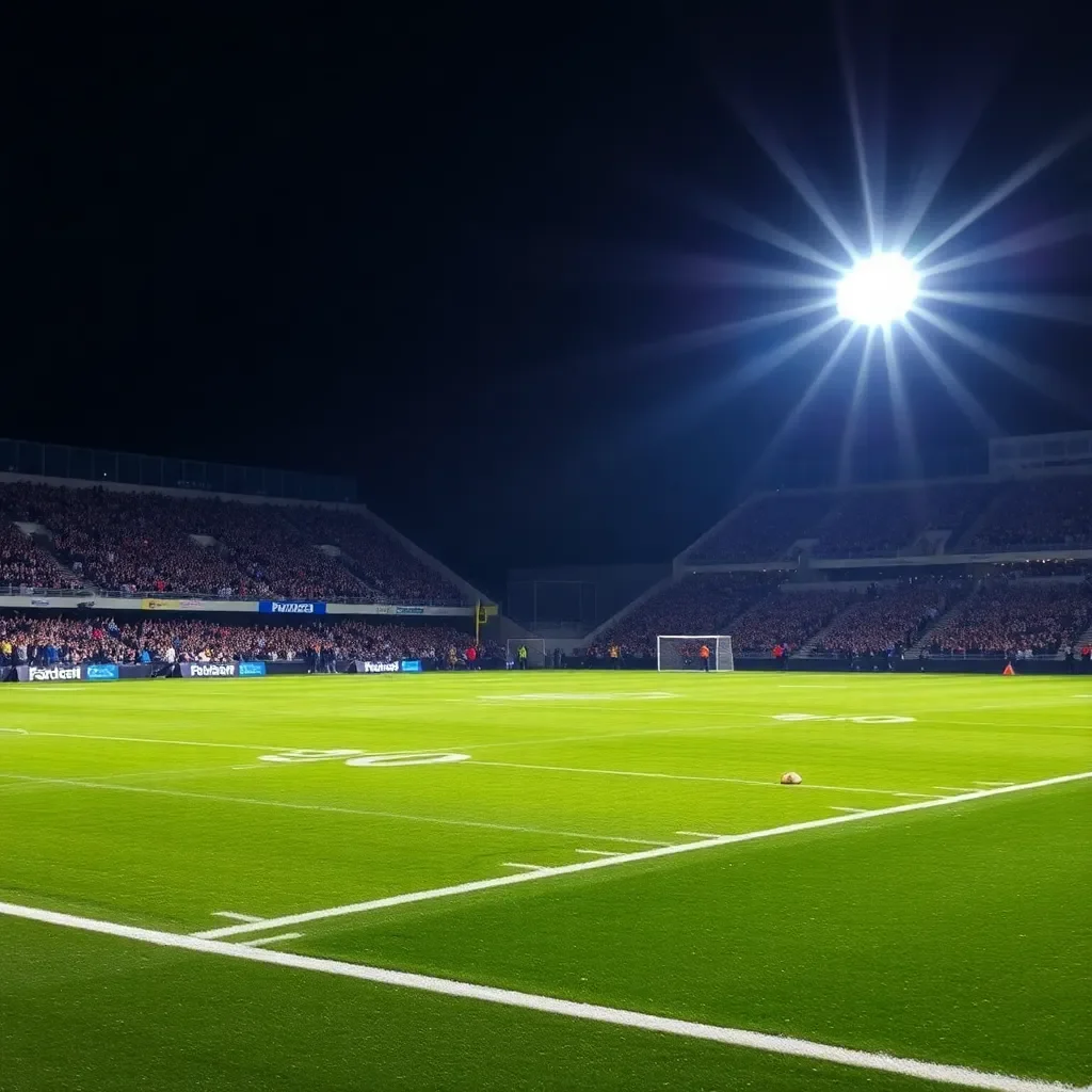 Football field under bright lights with cheering crowd.