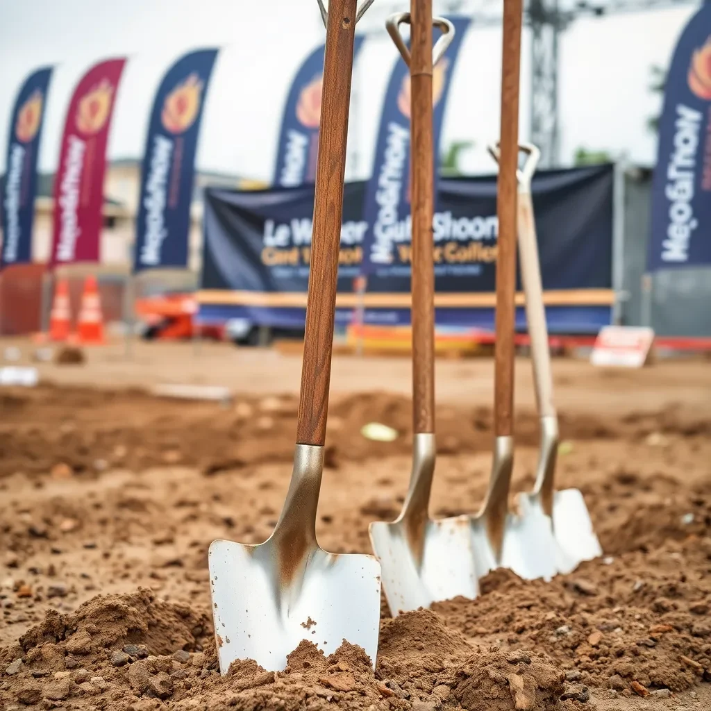 Shovels breaking ground at a construction site with banners.