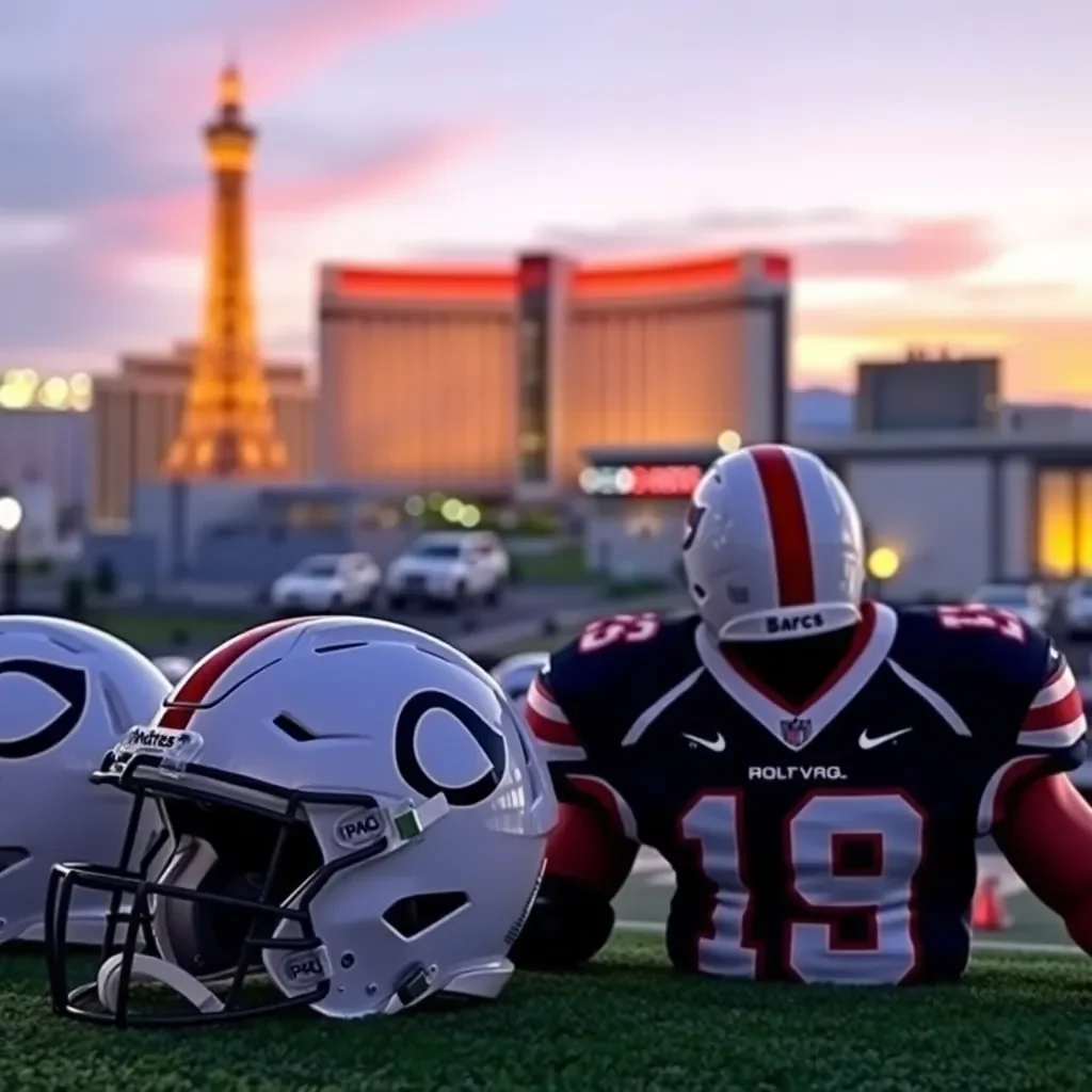 Football helmets and jerseys with Las Vegas skyline background.