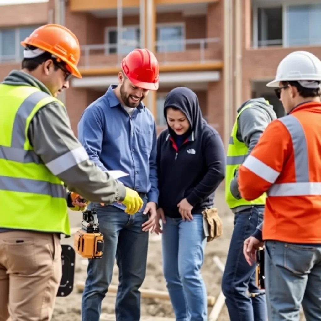 Construction workers collaborating on a new school campus project.