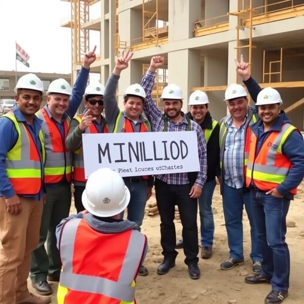 Construction workers celebrating a building milestone with hard hats.