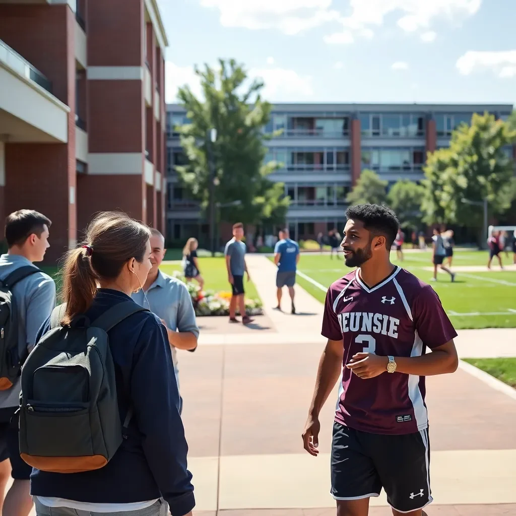 Campus scene with students studying and athletes training.