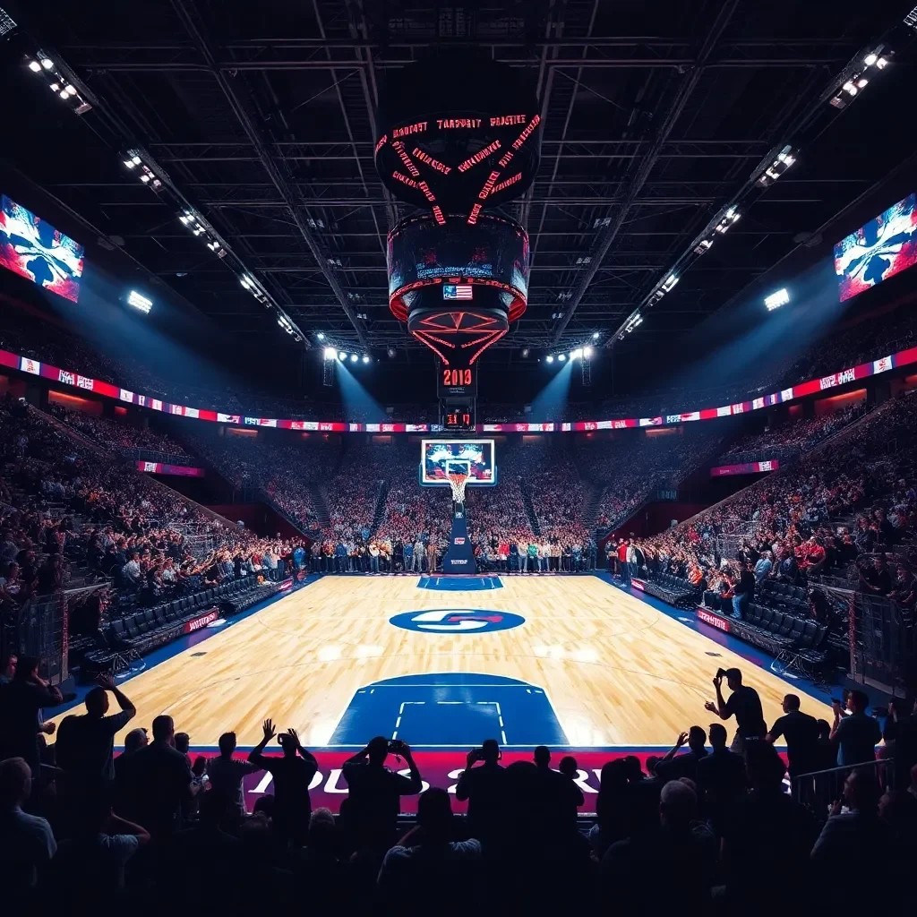 Dynamic basketball court with cheering crowd and bright lights.