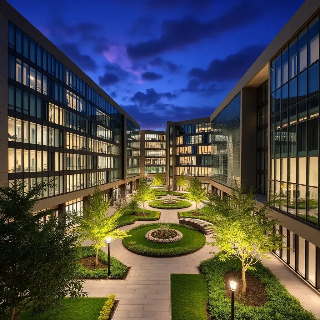 Modern campus buildings with advanced tech installations and greenery.