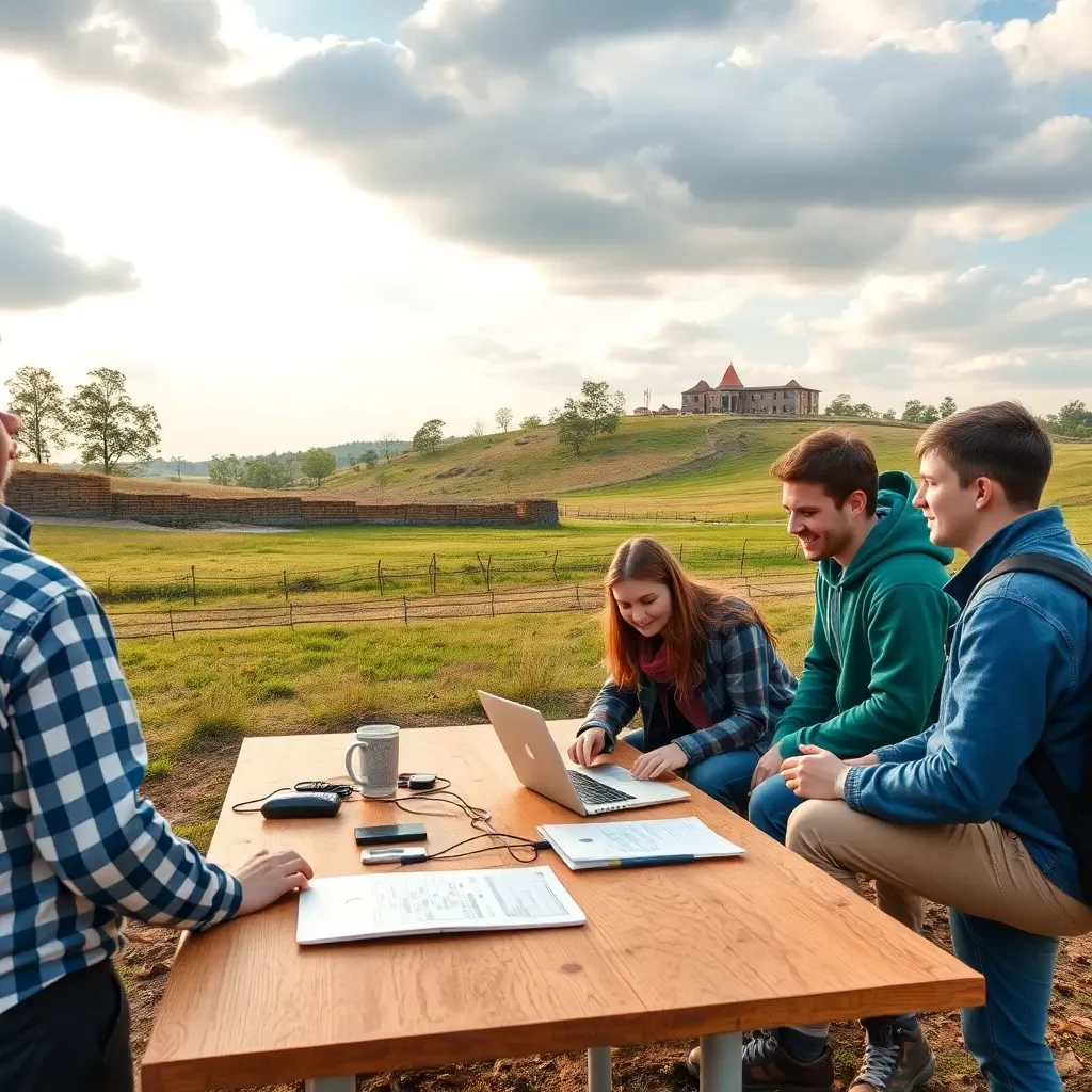 Rural campus landscape with modern technology and students collaborating.