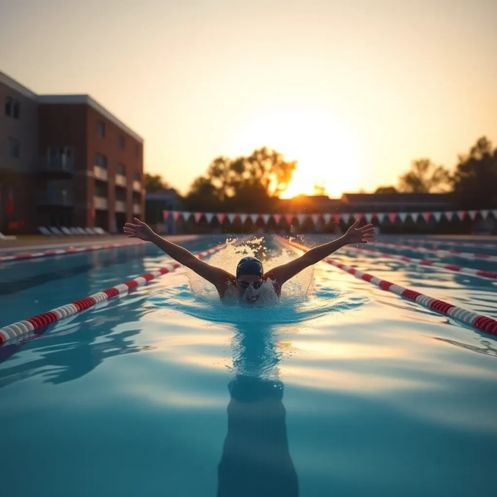 A swimmer diving into a college pool at sunrise.