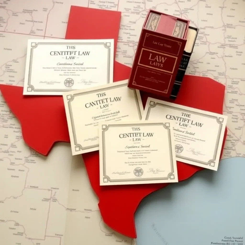 Law books and certificates on a Texas map background.