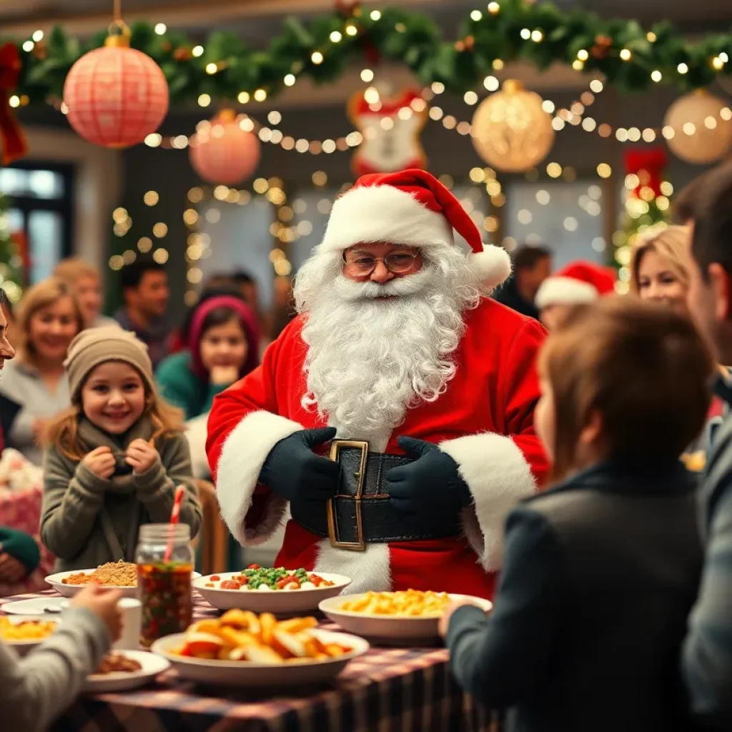 Families enjoying a festive brunch with Santa Claus in a decorated hall