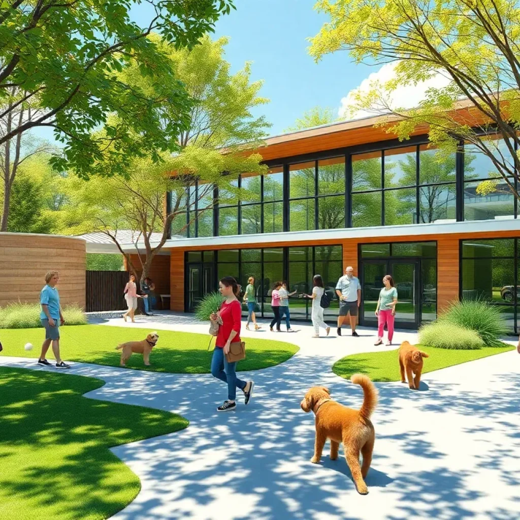 Community park scene with new animal center facilities and pets.