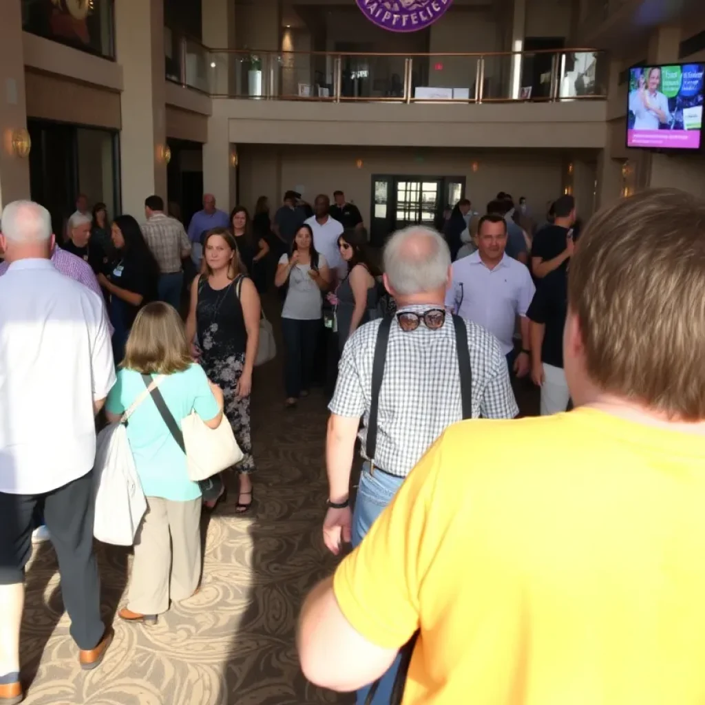 Vibrant hotel scene in Bryan-College Station with tourists and local events.