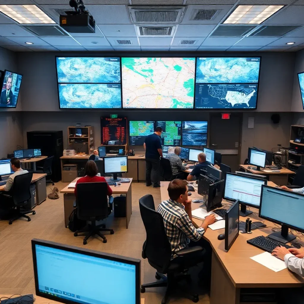 Interior view of the upgraded Emergency Operations Center with workstations and technology