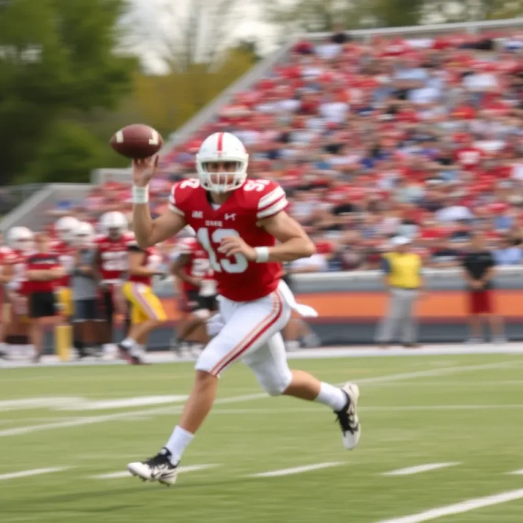 Football field with a blurred player in action