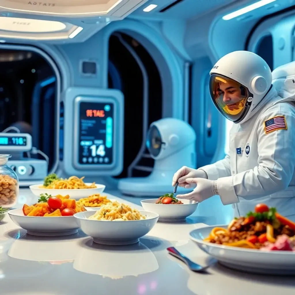 Astronauts preparing gourmet meals in a futuristic space environment