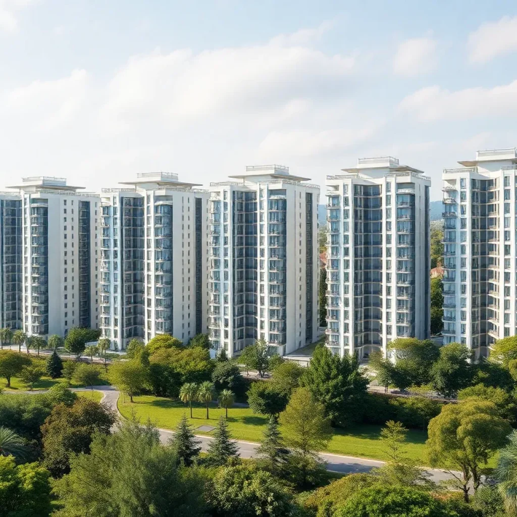 Five luxury towers of Innovation Condominiums surrounded by trees