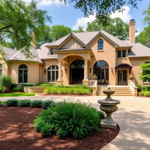 A stunning luxury home in Bryan-College Station with lush landscaping.